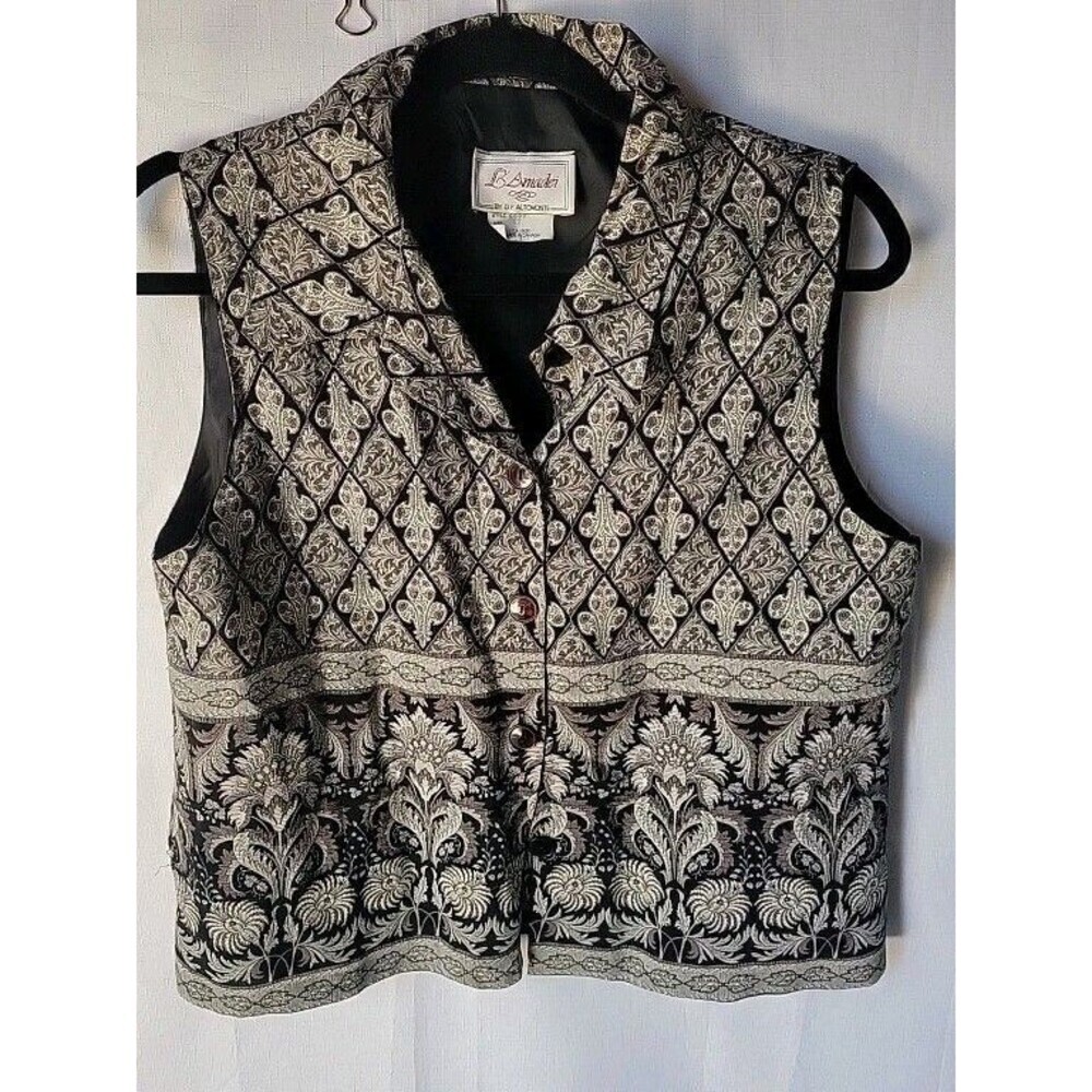 L' Amadei Women's  Black Taupe Printed Shirt Vest Blouse Size 12